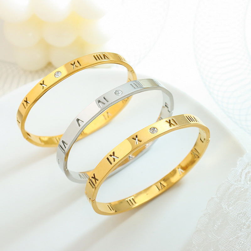 Zircon inlaid bracelet niche design wide version titanium steel plated 18k gold couple personality versatile bracelet female pp