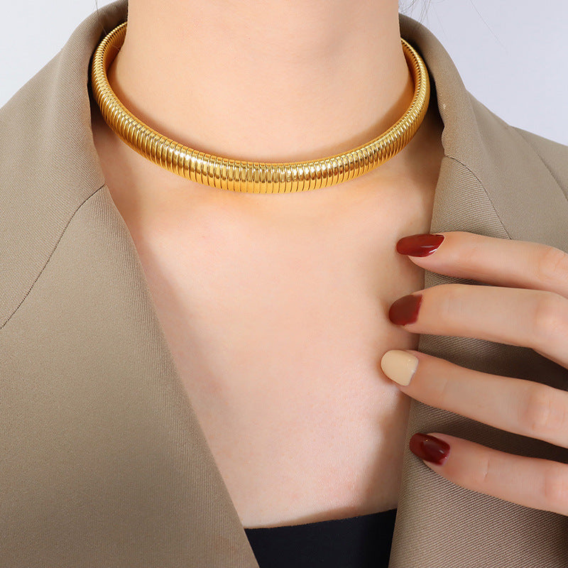 Exaggerated design personalized fashion necklace titanium steel electroplated 18K gold thick wide trend bracelet jewelry set