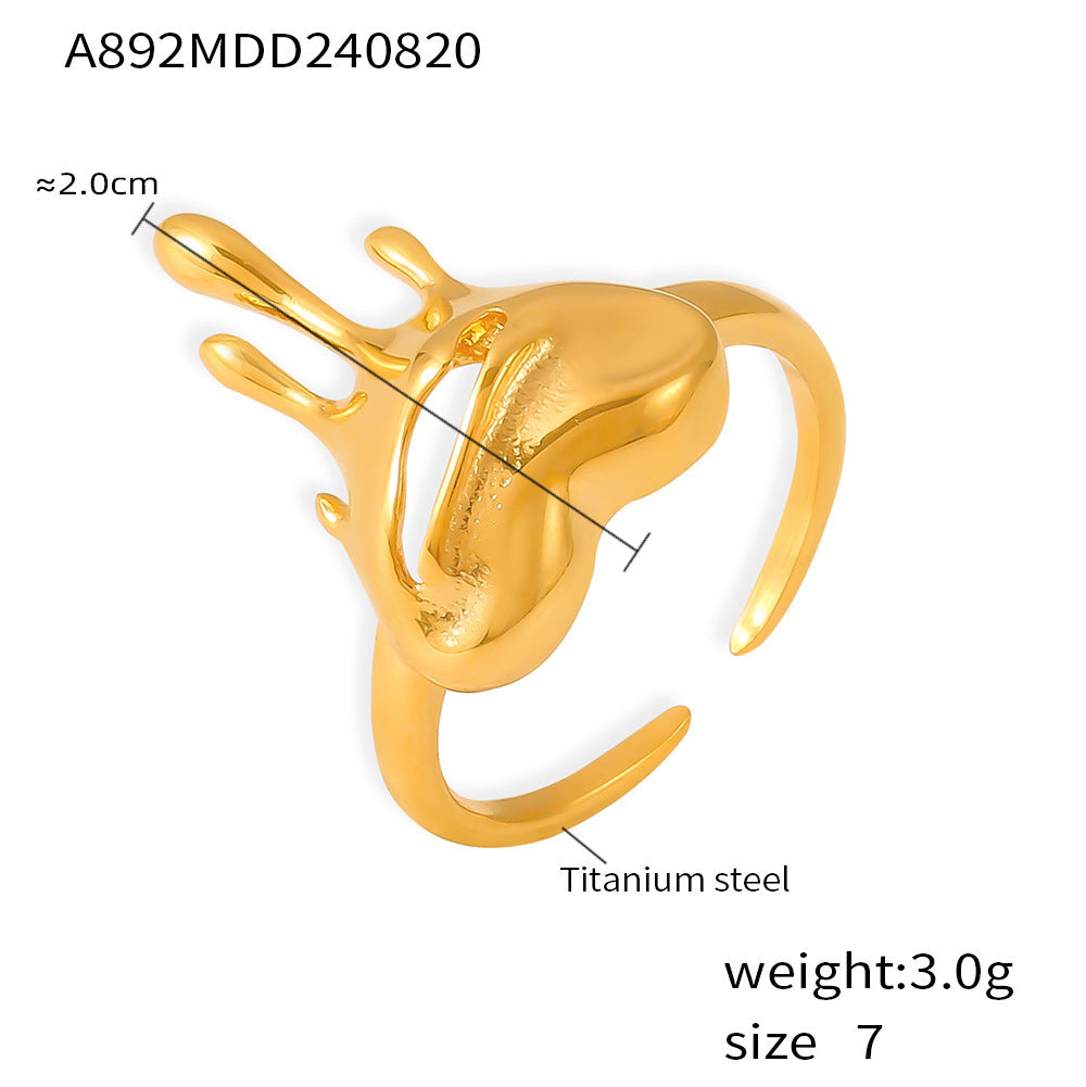 Vintage Heart Hollow Melted Opening Ring Titanium Steel 18K Gold Plated PVD Pop Ring