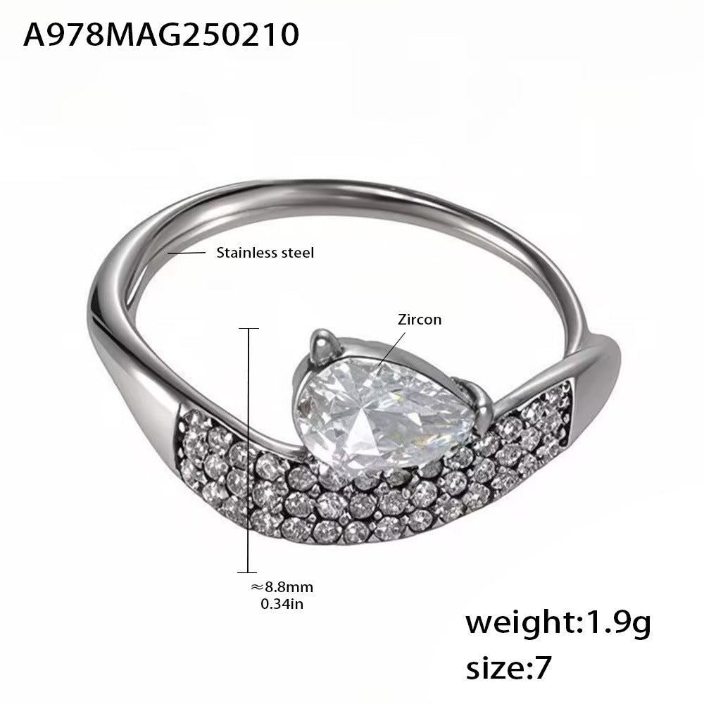 Super flash full diamond zircon water drop ring design sense niche light luxury titanium steel plated 18k gold index finger ring