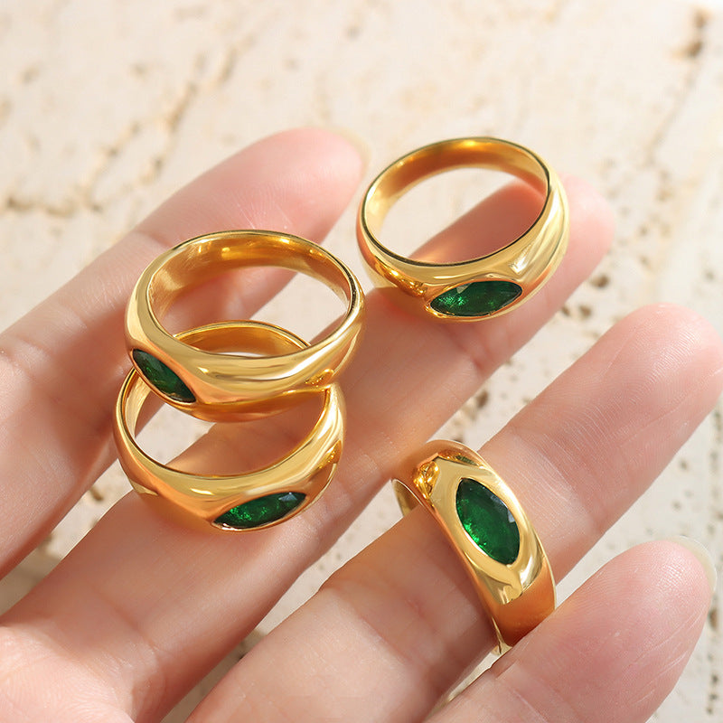 New light luxury retro new Chinese style personalized titanium steel non-fading inlaid emerald zircon ring jewelry female pp