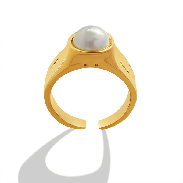 = Retro style niche design imitation pearl ring female, titanium steel plated 18K gold open single ring manufacturer wholesale pp