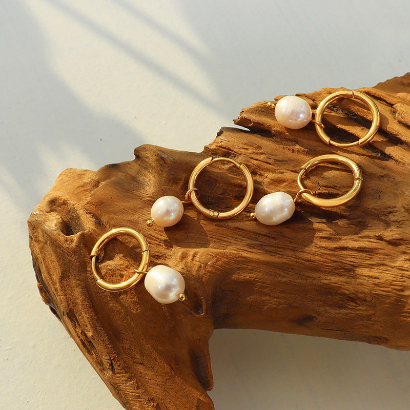 Vintage earrings, freshwater pearl loop earrings, titanium steel 18K plated real gold jewelry cold wind