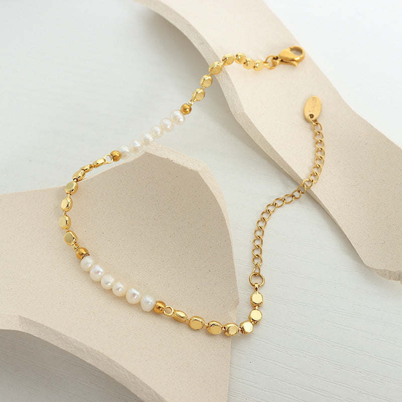 Chain temperament bright copper freshwater pearl bracelet light luxury does not fade fashion hand jewelry women
