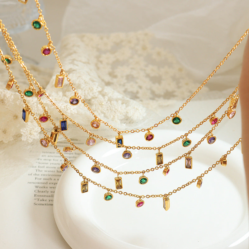 Non-fading light luxury multi-color zircon jewelry set fringed necklace niche design titanium steel bracelet 99