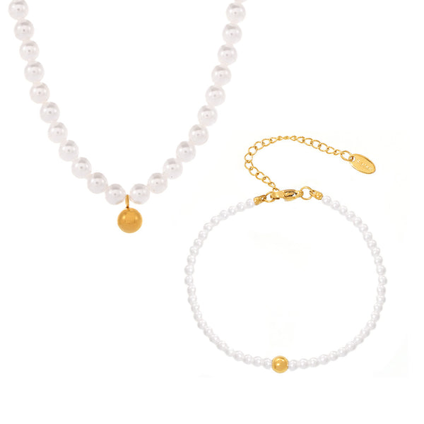 Baroque beaded necklace bracelet women's light luxury small ball titanium steel pendant choker set 99