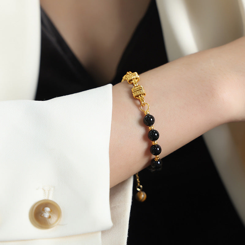 New high-end niche men's brass freshwater pearl handmade beaded natural stone black agate bracelet women