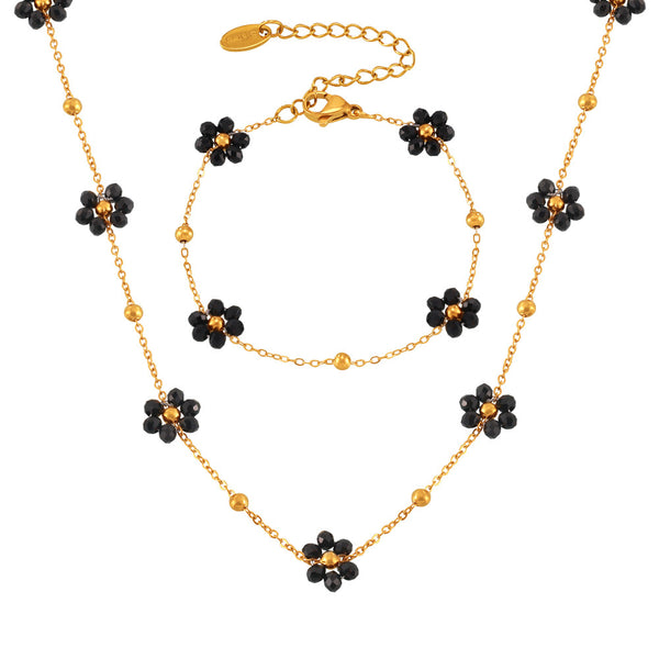 Retro niche personality simple and versatile jewelry natural stone beaded flower shape titanium steel jewelry set 99