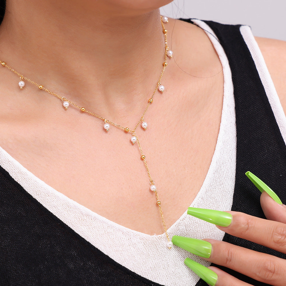 Fashion tassel necklace imitation pearl pendant necklace temperament sweet princess style plated 18k gold titanium steel jewelry pp