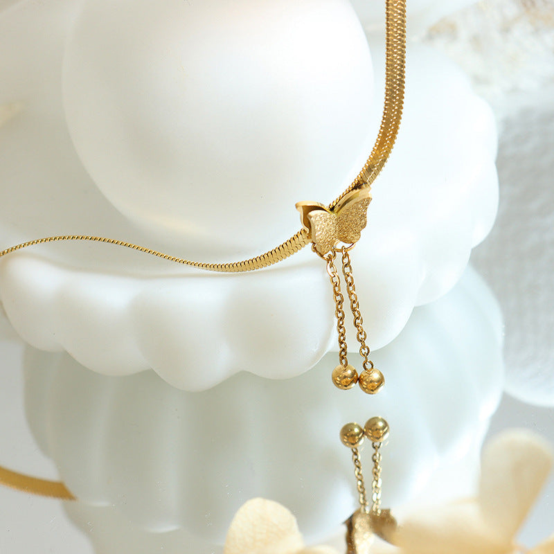 Blade chain frosted butterfly tassel steel ball sexy necklace Mori elegant temperament niche personalized jewelry P513