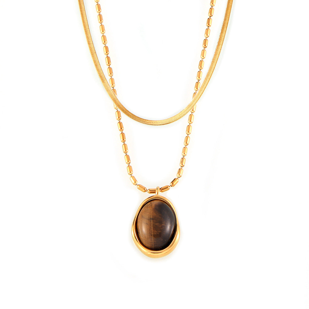 Simple temperament personalized rice bead chain jewelry irregular round brand tiger eye stone pendant titanium steel necklace