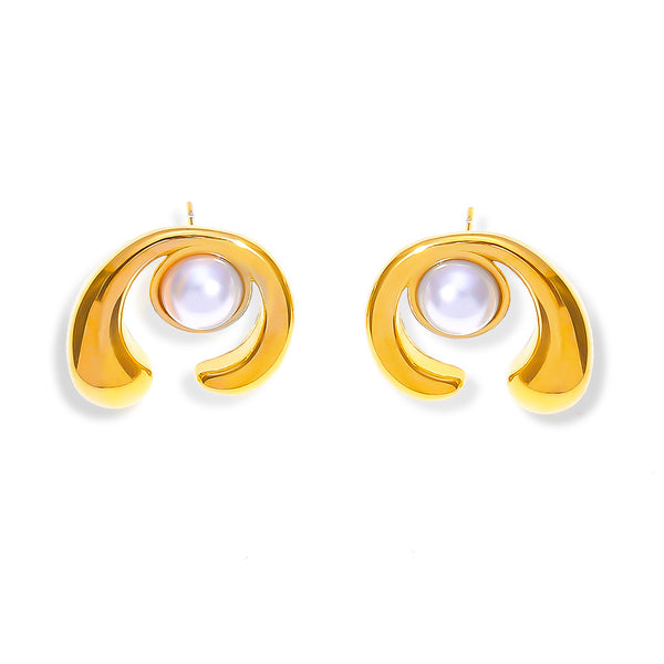 Elegant temperament Gentle personality Versatile jewelry C-shaped inlaid bead design titanium steel gold-plated earrings