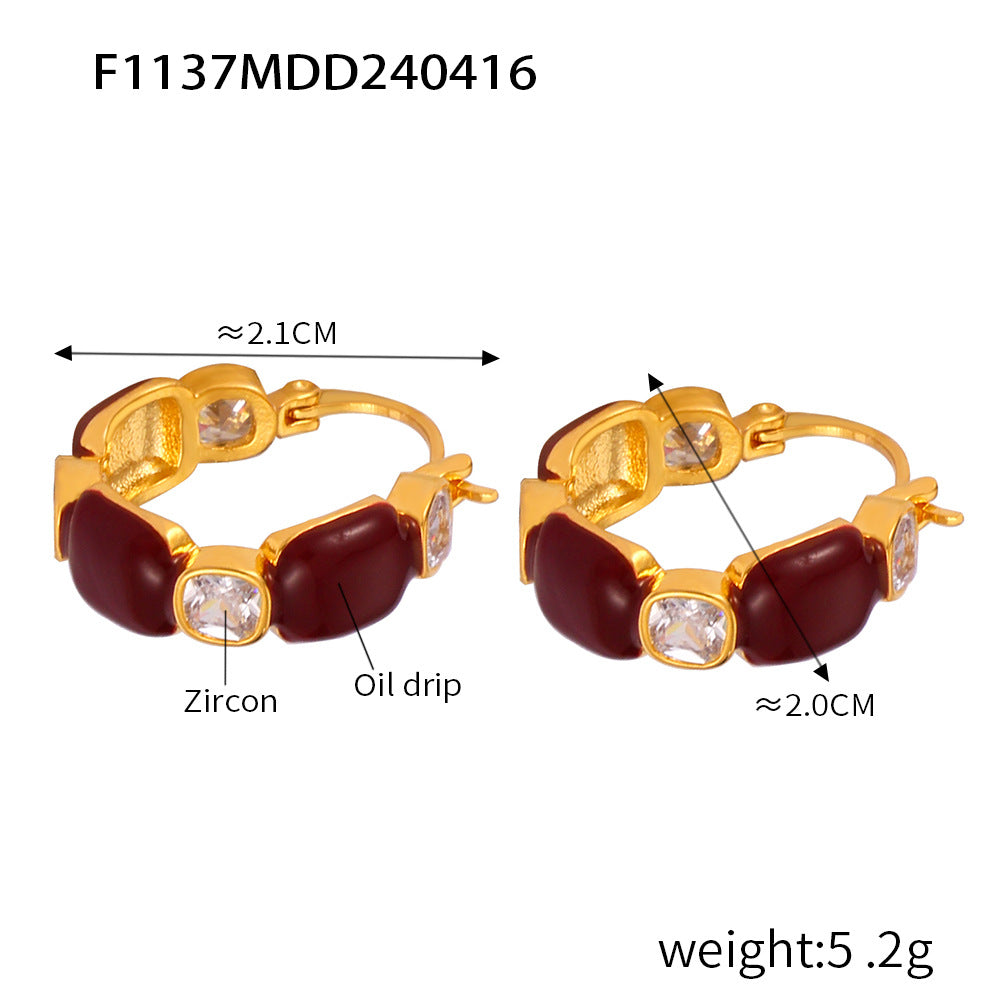Retro niche simple personalized jewelry geometric weights color glaze design sense inlaid zircon copper earrings