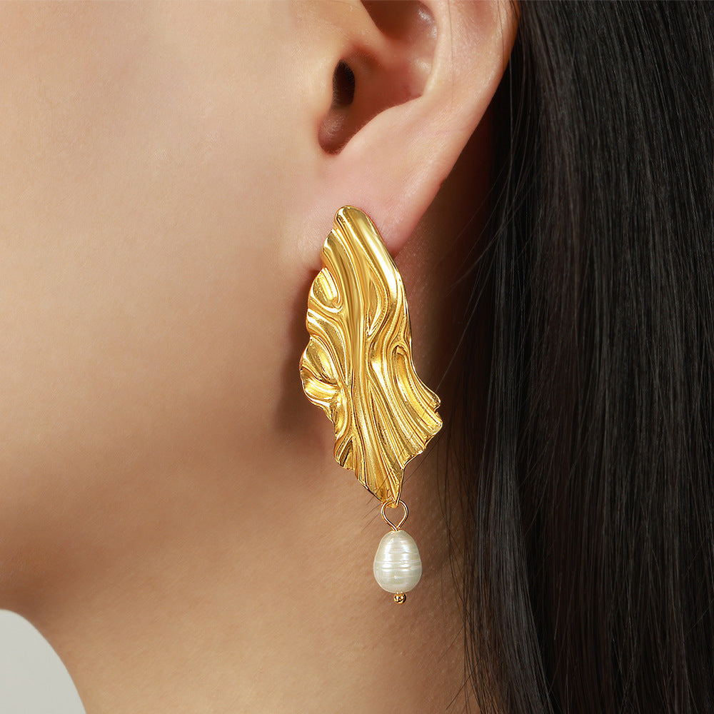 New irregular fashion light luxury personalized titanium steel gold-plated freshwater pearl pendant earrings jewelry women's wholesale