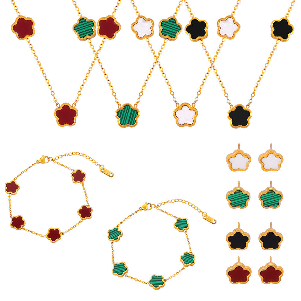 Niche geometric jewelry inlaid with single-sided white shell turquoise design sense flower shape titanium steel jewelry set 99