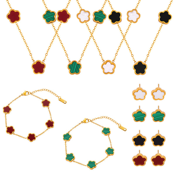 Niche geometric jewelry inlaid with single-sided white shell turquoise design sense flower shape titanium steel jewelry set 99