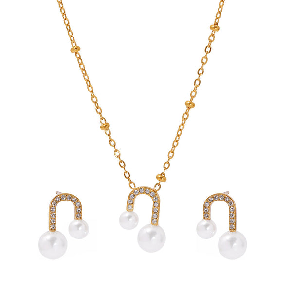 U-shaped bead zircon necklace stud earrings niche design sense light luxury fashion clavicle chain earrings titanium steel set