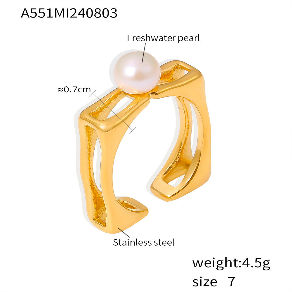New gold square hollow pearl ring ins style niche open index finger ring stainless steel plated 18k gold 99