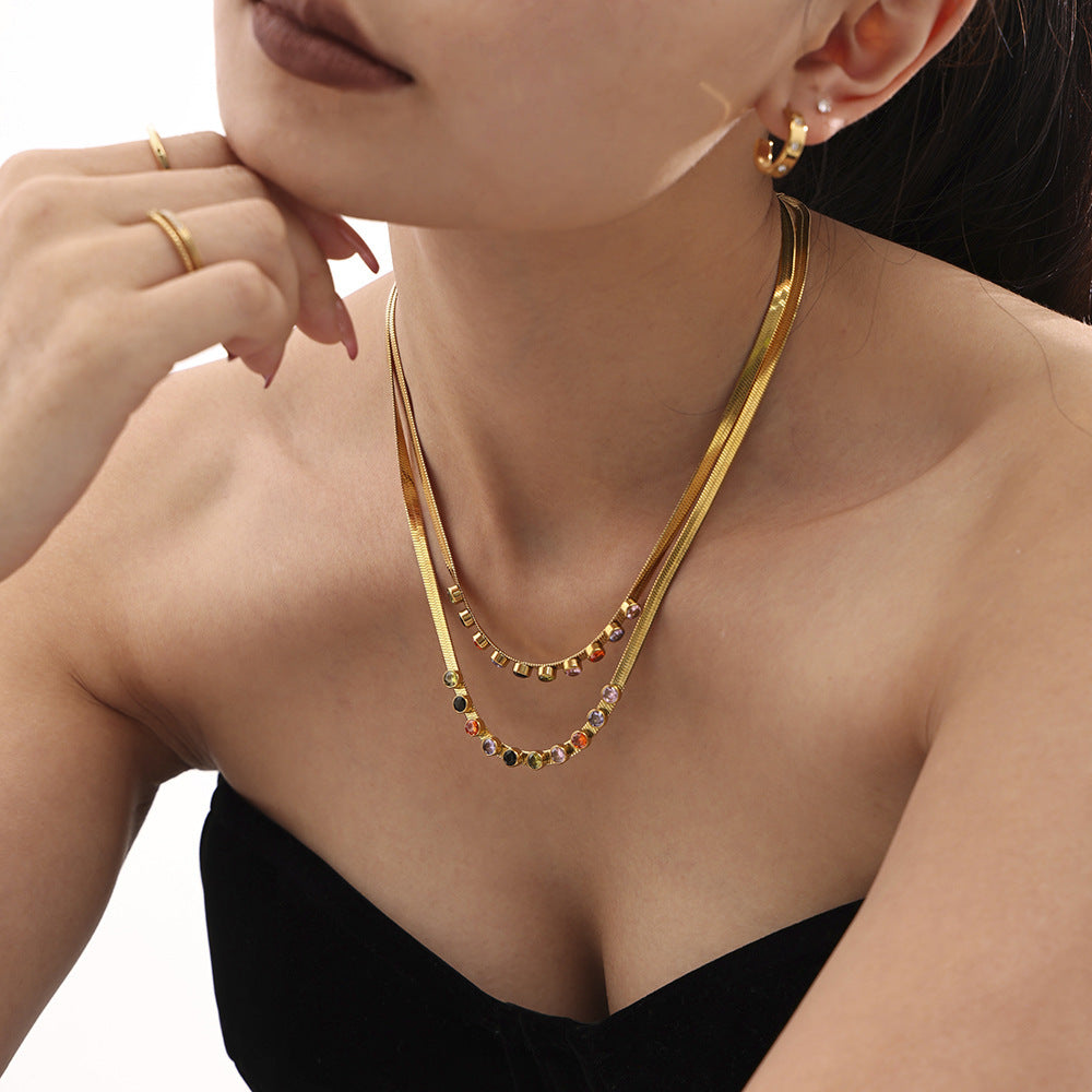 Colorful zircon blade necklace bracelet stainless steel plated 18k real gold color retention fashion light luxury set