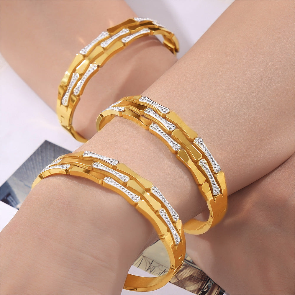 Guochao personalized simple light luxury diamond-encrusted jewelry geometric bamboo splicing design titanium steel bracelet pp