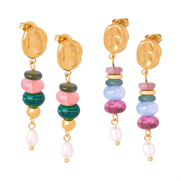 New retro light luxury natural stone handmade beaded long freshwater pearl pendant earrings jewelry women