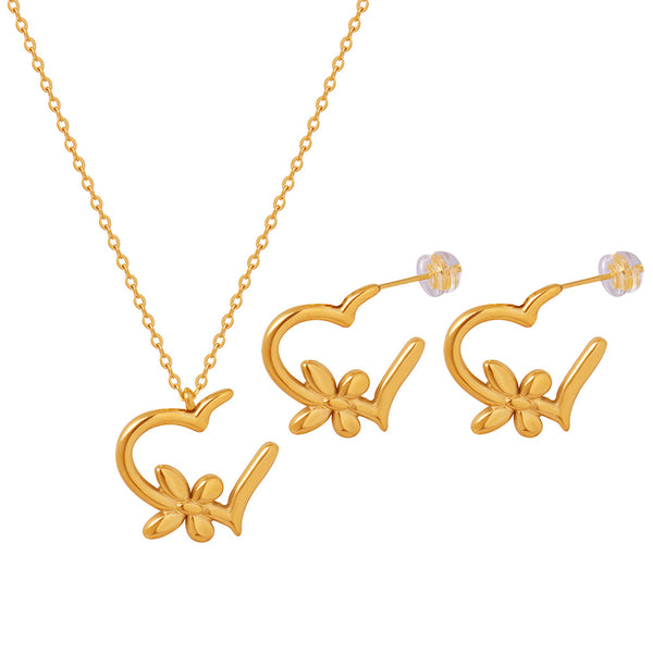 New fashion personality simple niche design titanium steel gold-plated heart pendant necklace earrings set jewelry pp