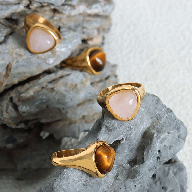 Hot-selling natural powder spar natural tiger's eye retro light luxury elegant couple ring titanium steel ring 99