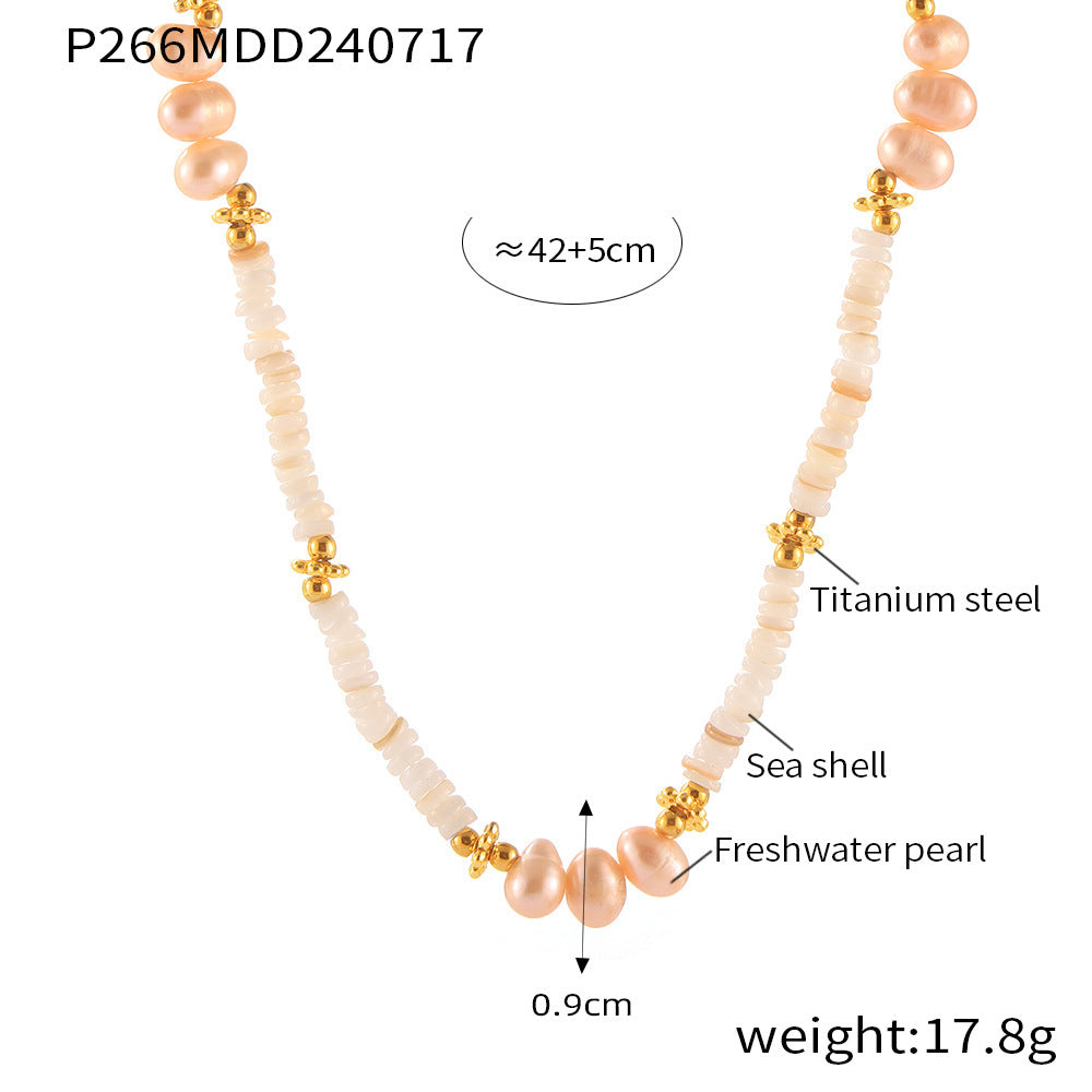 Natural freshwater pearl shell beaded necklace light luxury design titanium steel plated 18k gold collarbone chain pp