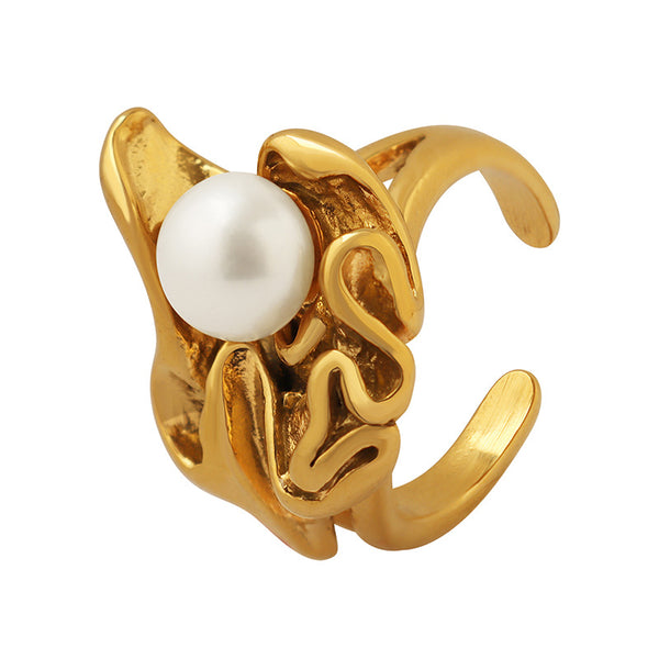 Tide brand designer European and American style fashionable pleated lava ring women's irregular titanium steel gold-plated pearl ring