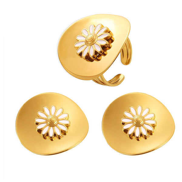 Dripping oil small daisy ring stud earrings plated with 18k gold stainless steel temperament light luxury pastoral flower set