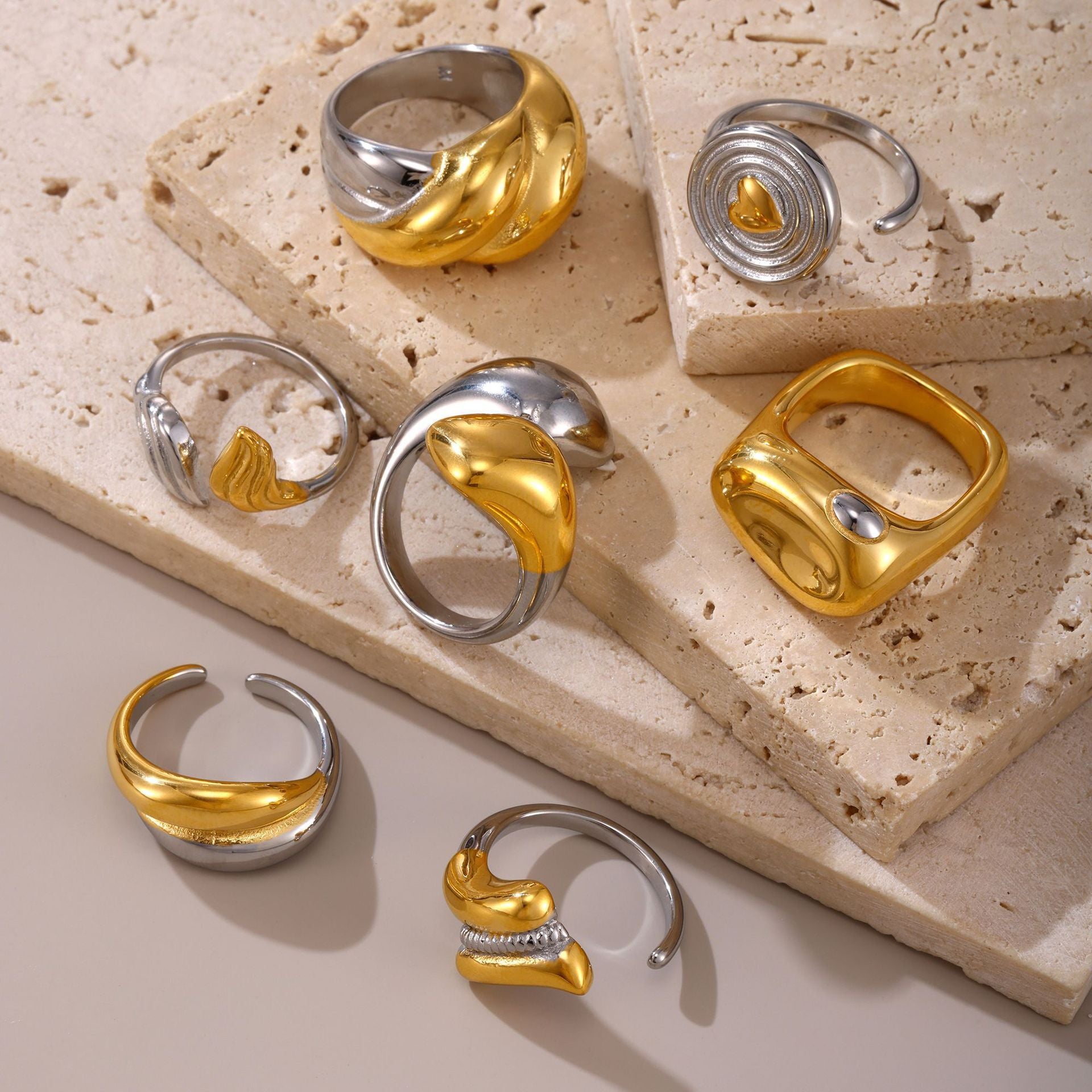 Niche opening geometric gold ring titanium steel electroplating 18K real gold fashion accessories combination spot 99