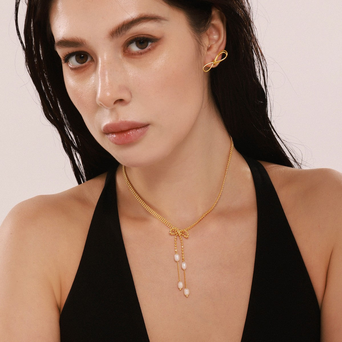 Bow stud earrings fringed freshwater pearl necklace stainless steel plated 18K real gold niche sweet wind set