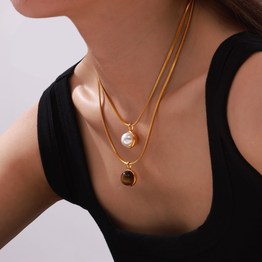 Retro niche personality temperament snake bone chain jewelry geometric inlaid beads tiger eye stone design pendant titanium steel necklace pp
