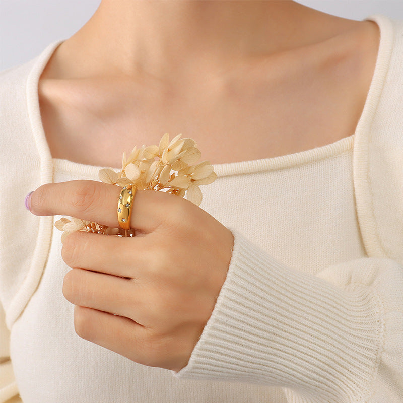 Cold style retro trendy gypsy zircon ring titanium steel plated 18K gold light luxury fashion hand jewelry 99