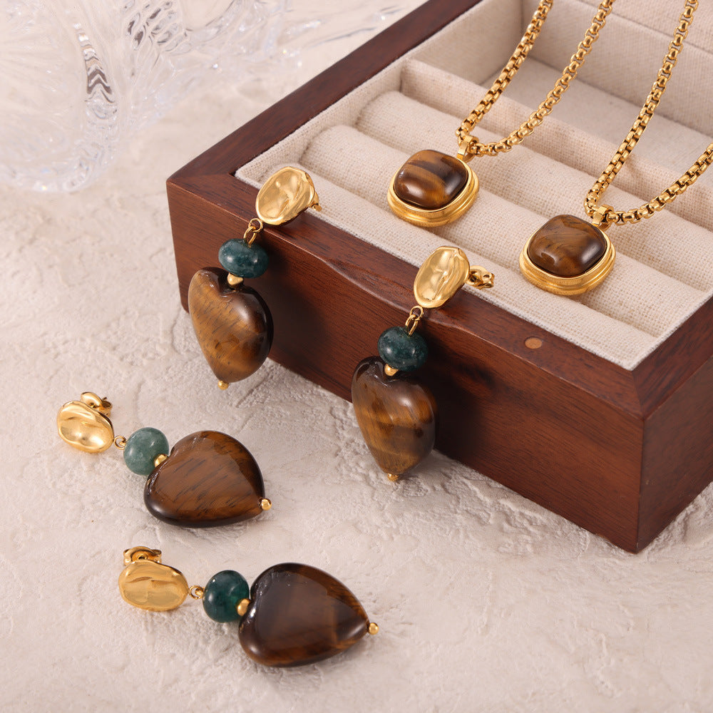 Retro niche light luxury jewelry inlaid with tiger's eye stone square pendant love titanium steel jewelry set