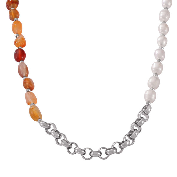 Simple individual cold wind light luxury jewelry freshwater pearl natural stone handmade beaded design titanium steel necklace pp