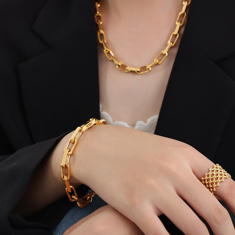 Cuban thick chain hip-hop bracelet necklace trendy versatile personality stainless steel neutral men's and women's same jewelry set