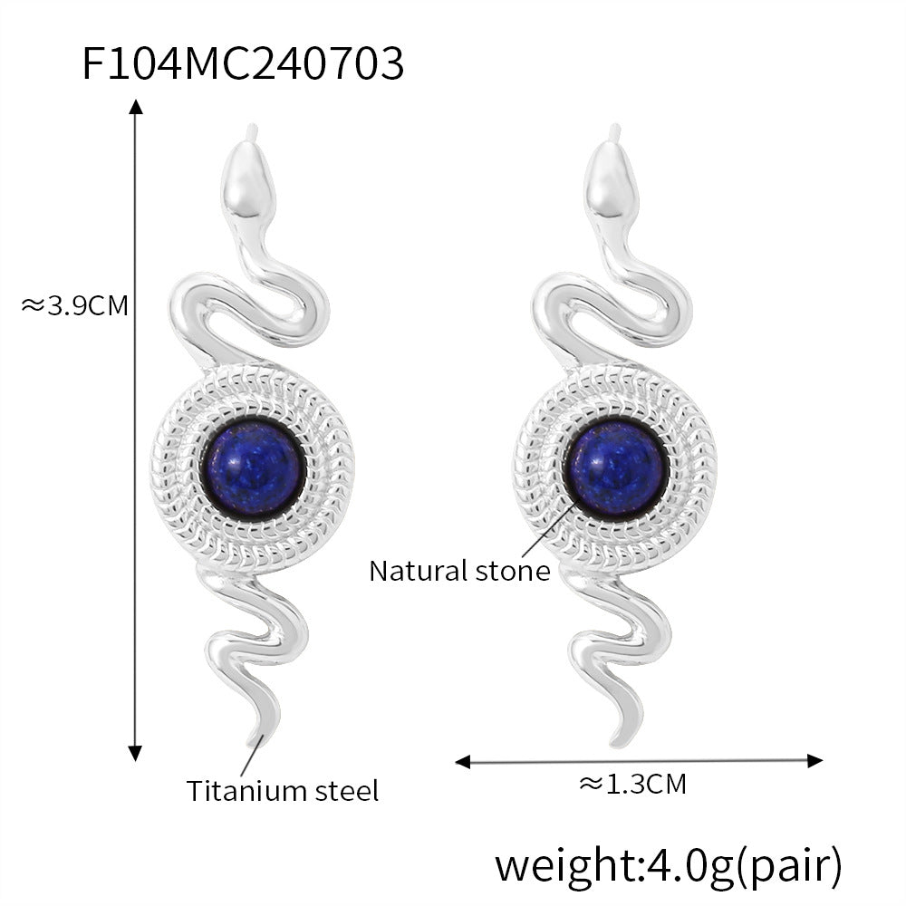 British style personality niche snake shape earrings texture round brand inlaid with natural stone agate design titanium steel stud earrings