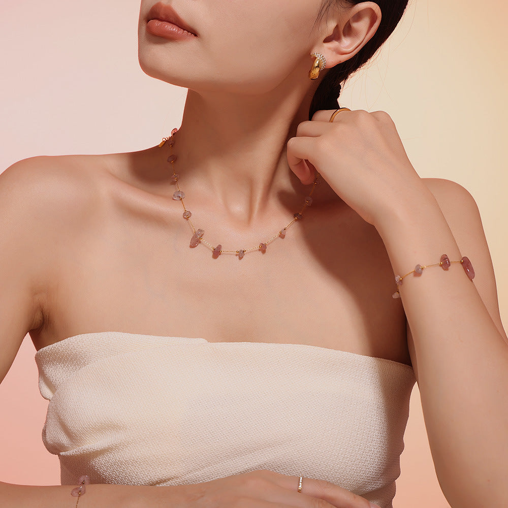 Colored natural gravel necklace bracelet New irregular stainless steel jewelry set for women