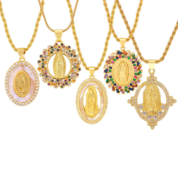 New fashion retro light luxury titanium steel gold-plated Virgin Mary geometric diamond-encrusted pendant necklace jewelry