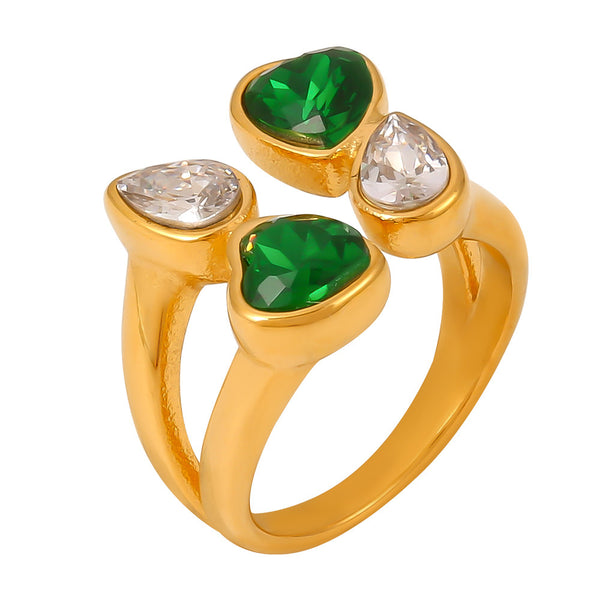 Fashion double-layer love water drop glass stone ring niche design stainless steel open jewelry women