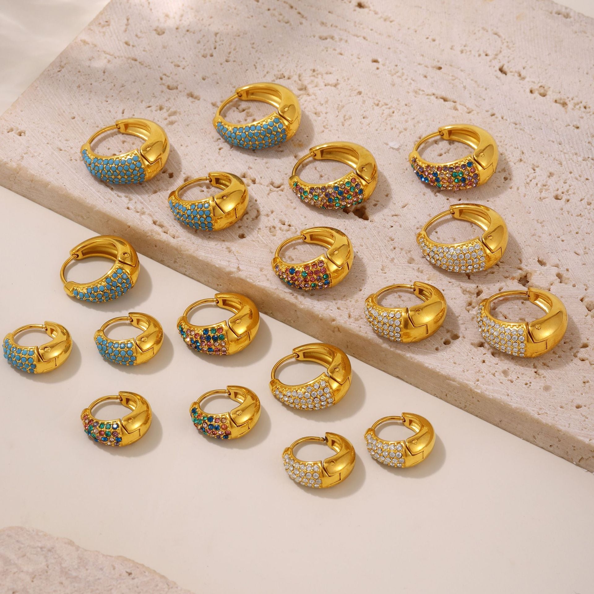 Blue Turquoise Colorful Zircon Circle Earrings Temperament Ear Buckles Commuter Earrings Stainless Steel Electroplated 18K Real Gold