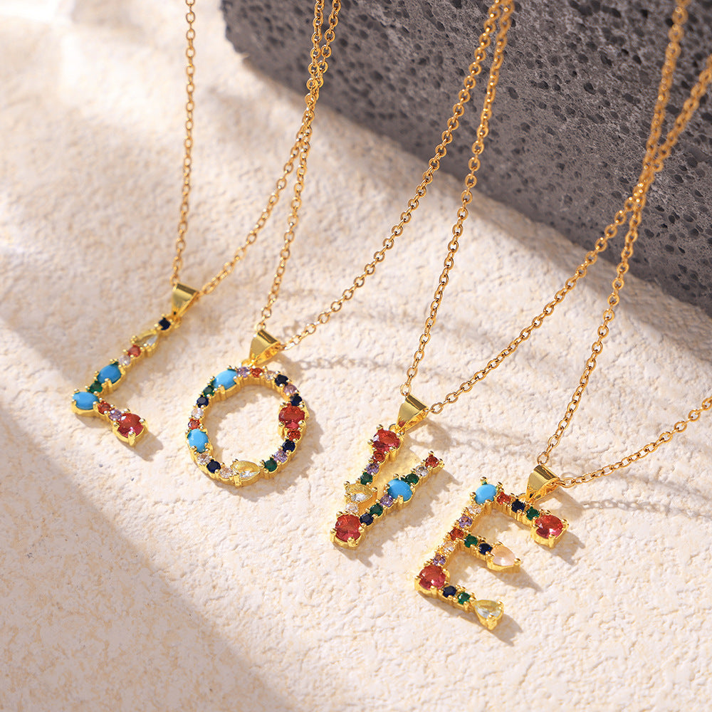 European and American cross-border copper micro-inlaid colored zircon 26 English letters personalized individual pendant niche hip-hop collarbone chain pp