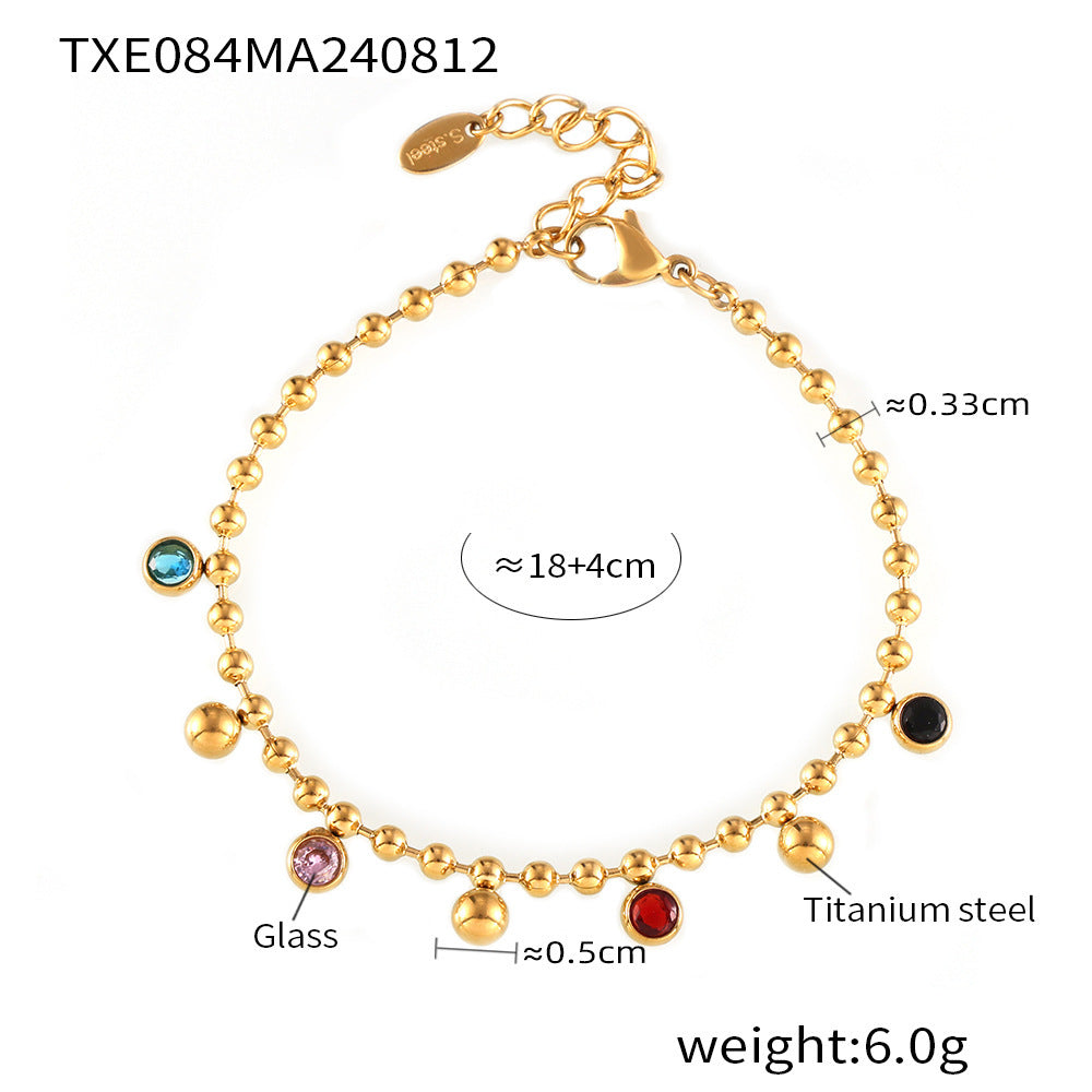 Colored glass round bead collarbone chain bracelet niche exquisite titanium steel plated 18k real gold set 99