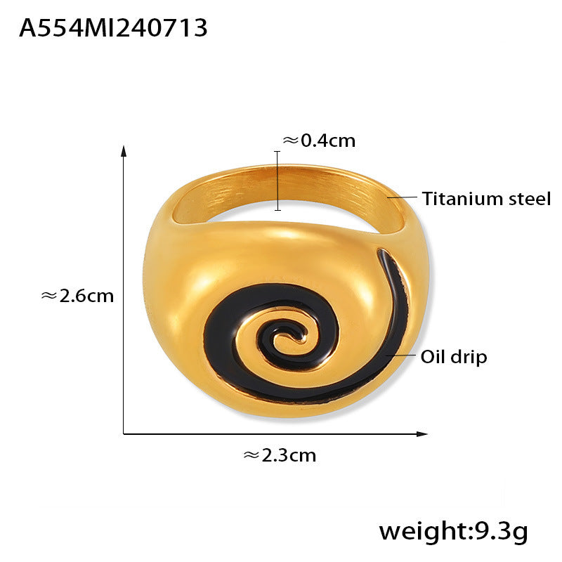 Spiral pattern oil drop ring retro ins style niche design titanium steel plated 18k gold index finger ring spot