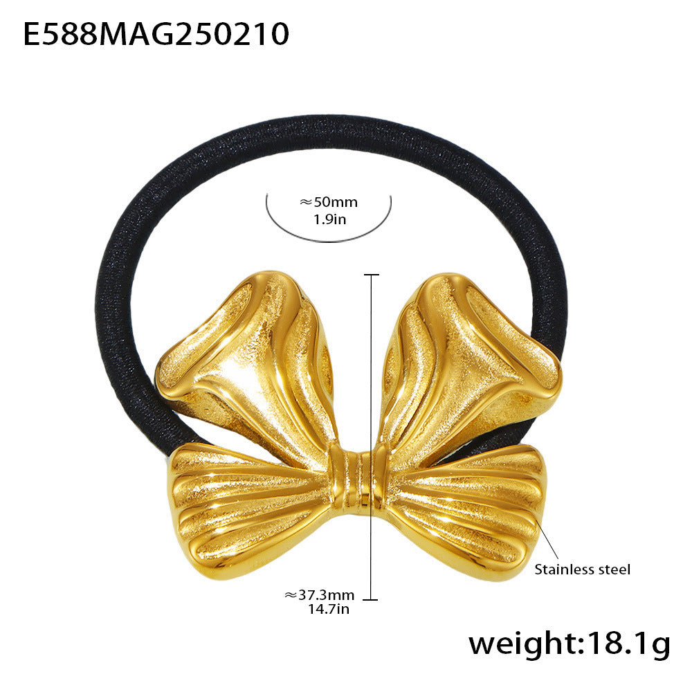 Stainless steel bow hair rope plated with 18K real gold European and American exaggerated hair band ponytail elastic headrope hair accessories