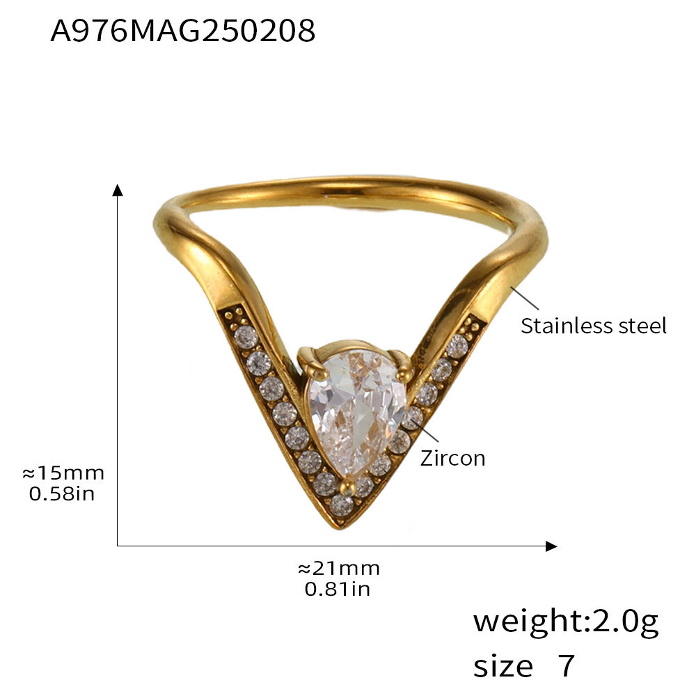 V-shaped full diamond 5A zircon side opening adjustable stainless steel ring does not fade fashionable light luxury index finger ring 99