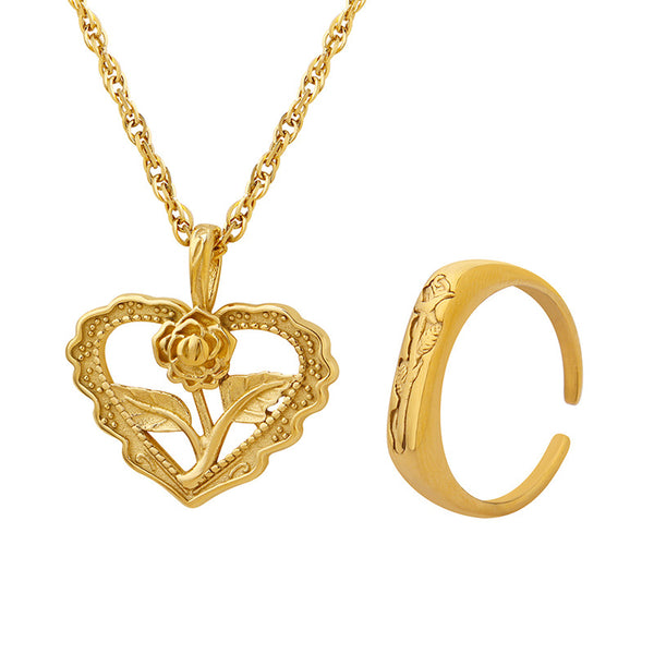 Vintage irregular love rose hollow pendant flower ring necklace titanium steel gold-plated jewelry set pp