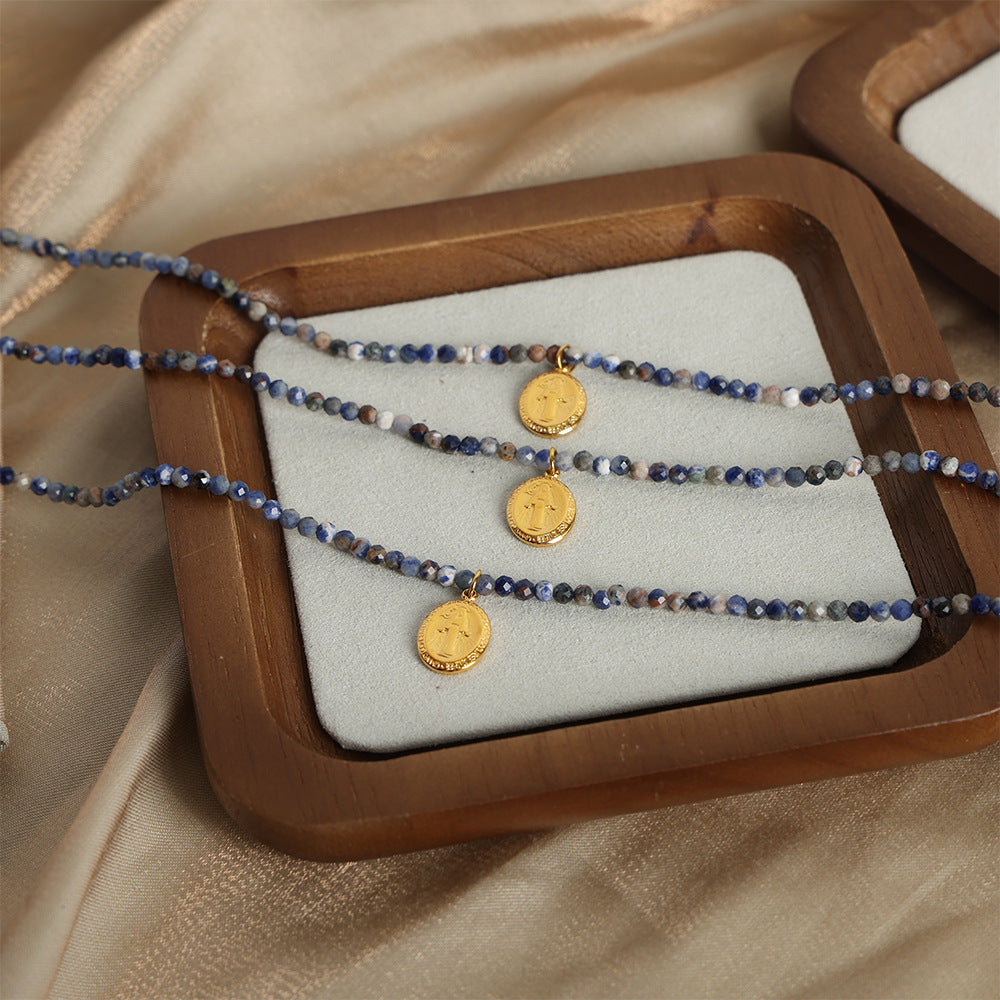 New retro high-end light luxury natural stone handmade beaded necklace titanium steel gold-plated pendant jewelry