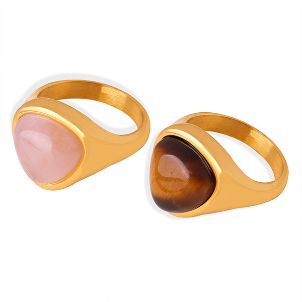 Hot-selling natural powder spar natural tiger's eye retro light luxury elegant couple ring titanium steel ring 99